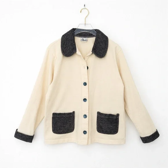 Minimalist French Girl Barn Jacket Coat Feminine Black Cream Size Small - Picture 1 of 11